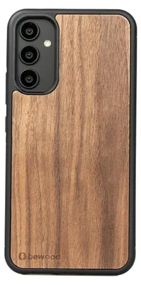 A close-up view of the back of a smartphone case made of wood.