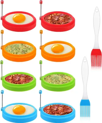 Produktbild von 8 Packungen Silikon-Eierringe, 4-Zoll-Eierkochringe in Lebensmittelqualität, Antihaft-Spiegelform für gebratene Eier, Pfannkuchen-Frühstücksbrötchen mit 2 Silikonbürsten