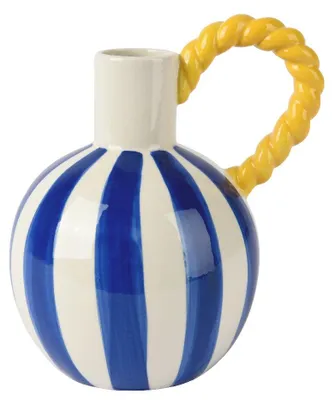 Produktbild von Krug aus blauem Steingut, gestreift, mit gelbem Henkel, 21,8 cm Höhe