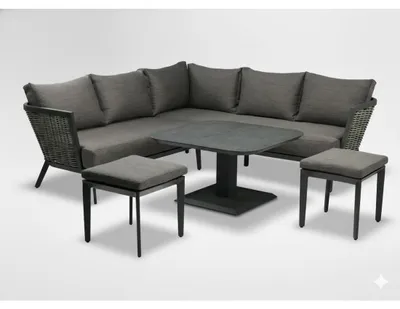 Image de Salon de jardin VENTARO 7 places en aluminium gris avec canapé d'angle, table réglable et poufs