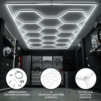Obrázok produktu pre Šesťhranná LED lampa s 14 žiarovkami a podstavcom | Autogaráž, dielňa, posilňovňa, salón, predajňa, sklad | Modulárny dizajn vo forme včelích plástov | Biela farba, teplota farby 6000 K [vrátane 3 možností montáže]