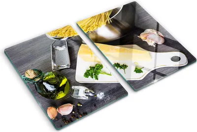 Produktbild von Tulup Glas Herdabdeckplatte - 2x40x52 cm - Glaskeramikkochfeld-Abdeckung Spritzschutz Glasabdeckplatte Kochplattenabdeckung und Schneidebrett - Zweiteilig - Essen & Getränke - Pasta mit Knoblauch - Mehrfarbig