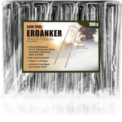 Produktbild von com-four® 100x Erdanker 150x30x3mm aus beschichtetem Stahl - robuste Erdnägel zur Befestigung von Unkrautvlies und Folien - Bodenanker für Garten und Camping - eckig