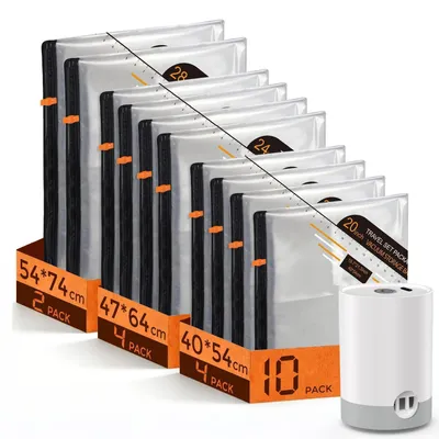 Zdjęcie produktu dla Worki próżniowe do przechowywania ubrań z bezprzewodową pompą próżniową, 10 sztuk (4 szt. 40x54 cm, 4 szt. 47x64 cm, 2 szt. 54x74 cm), oszczędzają miejsce, wielokrotnego użytku