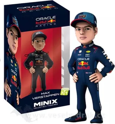 A collectible figurine of Max Verstappen in his Red Bull racing suit, displayed with its packaging.