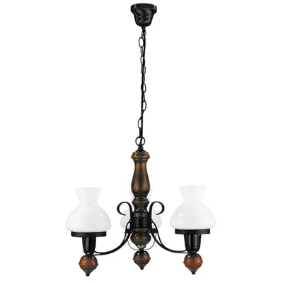 A chandelier with three lights, featuring wooden accents and white glass shades, presented against a white background.