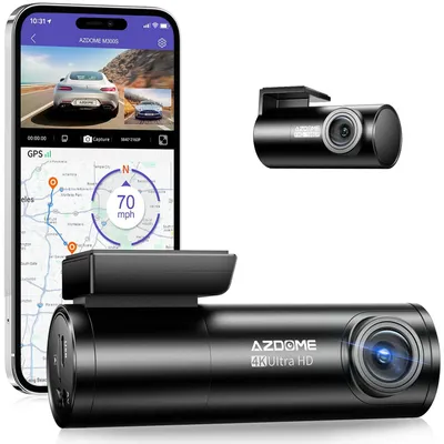 A smartphone displaying a dash cam app interface, a small dash cam, and a larger dash cam.