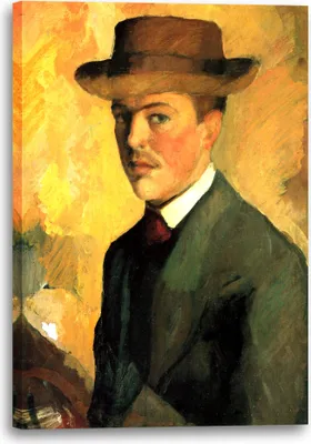 Produktbild von Leinwandbild (60x80cm): August Macke - Selbstportrait mit Hut, echter Holz-Keilrahmen inkl. Aufhänger, handgefertigt in Deutschland