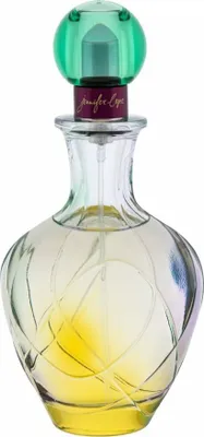 A perfume bottle with a green cap and a yellow liquid inside, set against a white background.