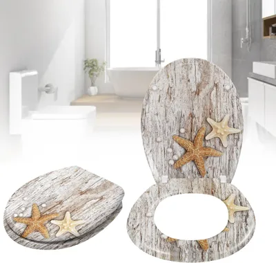 A toilet seat and lid with a wood grain and starfish design, shown in a bathroom setting.