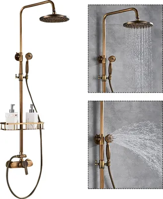 A collage of images showing a vintage-style gold shower fixture with two inset images demonstrating water flow from the showerhead and handheld sprayer.