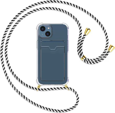 Produktbild von Handykette Backcover-Schutzhülle mit Band (Metall goldfarben) für Apple iPhone 14 (6.1'') - schwarz/weiß gestreift