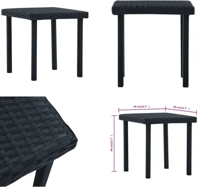 A collage of images showing a black poly rattan garden tea table from different angles, including a close-up of the texture and a diagram with dimensions.