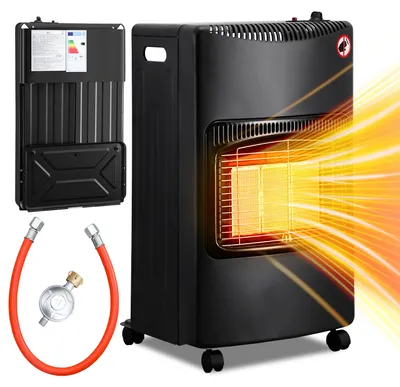 Zdjęcie produktu dla Grzejnik gazowy Vigevee, czarny, 4200 W – 3 stopnie mocy, zabezpieczenie przed przewróceniem, regulator ciśnienia i wąż – mobilny i oszczędzający miejsce, składany