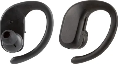 Two black in-ear Bluetooth headphones with ear hooks are shown against a white background.