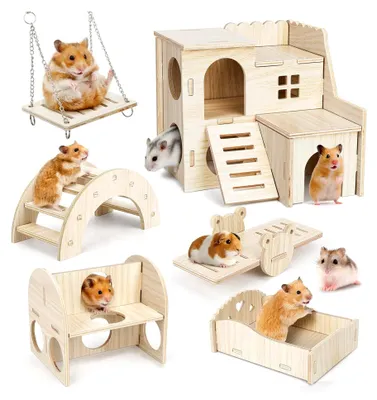Produktbild von 6 Stück Holzspielzeug für Hamster, DIY Spielzeug für Meerschweinchen mit Kauspielzeug Brücke, Wippe und Schaukel Versteck für Meerschweinchen, Chinchillas und Rennmäuse