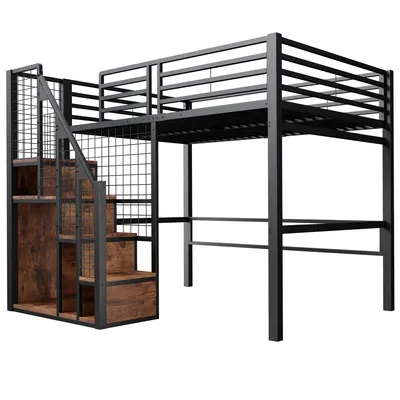 Produktbild von Merax Etagenbett 140x200cm mit Treppe und Kleiderstange, Hochbett mit Staufach und Geländer, Kinderbett mit Lattenrost, Doppelbett Metallbett,Schwarz