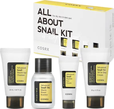 Produktbild von Cosrx All About Snail Kit – Intensivpflege mit Schneckenschleim Pflegeset, Geschenkset 4 -tlg. Mit Schneckenschleim, feuchtigkeitsspendend, regenerierend, beruhigend