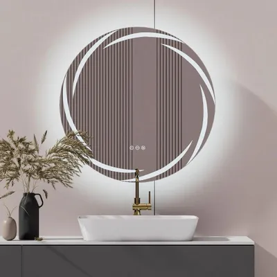 Obrázok produktu pre LED zrkadlo do kúpeľne – Okrúhle nástenné zrkadlo, priemer 80 cm – Kruhové podsvietenie – Stmívateľné, farba svetla 3000–6000K – Funkcia proti zahmlievaniu – Dotykové ovládanie s pamäťou – Krytie IP44