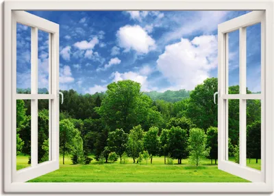 Produktbild von ARTland Leinwandbild Fensterblick - Grüner Wald Größe: 70x50 cm