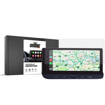A car display screen protector and its packaging are shown against a white background.