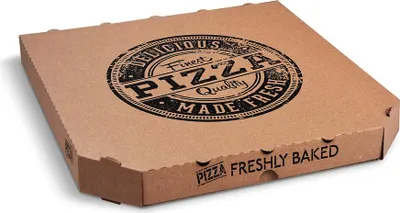 Produktbild von 100 Pizzaboxen Pizzakarton 33x33x3cm Braun, Neutralmotiv „Delicious Made Fresh"