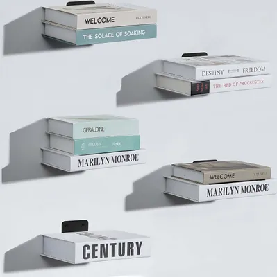 Several floating shelves with books on them, mounted on a white wall.