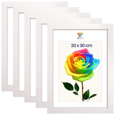 Produktbild von MG Design 5er Set Bilderrahmen 20 x 30 cm - Fotorahmen mit Weiß Echtholzrahmen und bruchsicherem Acrylglas, Hoch & Quer zum Aufhängen, zum Aufstellen