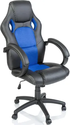 A black and blue racing style office chair is shown against a white background.