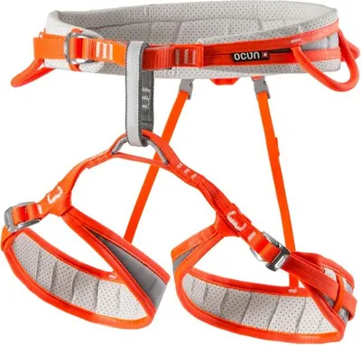 Gut verstellbarer Neon 3 Klettergurt von Ocun in leuchtendem Orange und Grau; geeignet für Klettern.
