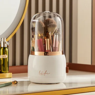 Image de Seau de luxe léger pour le rangement des pinceaux de maquillage grande capacité anti-poussière rouge à lèvres crayon à sourcils boîte de rangement pour les cosmétiques baril de pinceaux rotatif transfrontalier tube de maquillage blanc [anti-poussière rotatif]