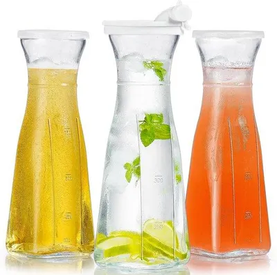Obrázok produktu pre Sada 3 sklenených kanvíc Unyqoos® s viečkami – vhodné na styk s potravinami, bez BPA, s silikónovým výlevkom, s hranatým dnom, vhodné do umývačky