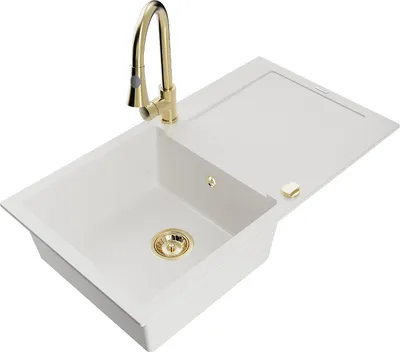 Immagine prodotto di Mexen Leo lavello da cucina in granito 1 vasca con sgocciolatoio e rubinetto Elia, bianco - 6501-20-670101-50