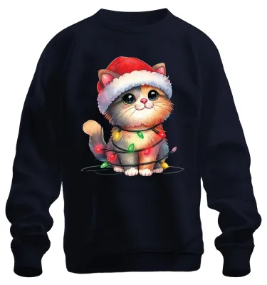 Productafbeelding van Kattenlichtslingering, voor kattenliefhebbers - Kerst, kerstcadeau, uni kersttrui, marineblauw, maat M