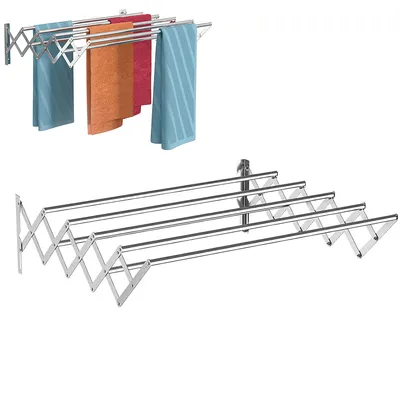 A wall-mounted, foldable drying rack with multiple telescopic stainless steel bars.