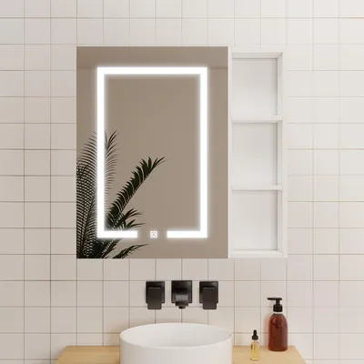 Produktbild von LED Spiegelschrank mit Seiteschrank 80x70cm Rasier-Steckdose Drei Lichtfarbe Dimmbar Touch/Wandschalter Beschlagfrei IP44 - Weiß Matt