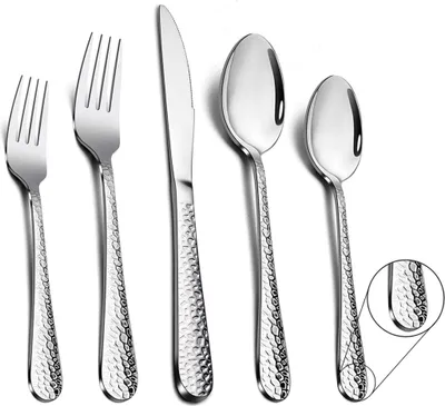 Produktbild von 30-teiliges Edelstahl-Besteckset für 6 Personen, gehämmerter Griff, hochglanzpoliert und spülmaschinengeeignet - ideal für Familie, Camping und Catering