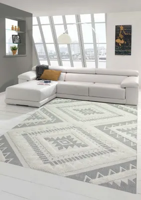 Immagine prodotto di Tappeto per interni ed esterni in sisal per il soggiorno e la veranda con motivo orientale a rombi frastagliati e soffice effetto alto-basso in color crema, dimensioni - 200 x 290 cm