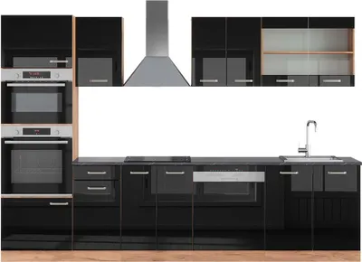 Produktbild von Küchenzeile Vicco R-Line Schwarz Hochglanz/Goldkraft Eiche 300 cm mit Hochschrank, AP Anthrazit, Model 43113