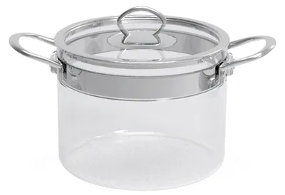 A clear glass pot with a silver lid and handles, shown on a white background.