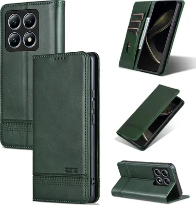 Immagine prodotto di Custodia in pelle per Xiaomi 14T Pro, custodia pieghevole a portafoglio con chiusura magnetica e supporto verde