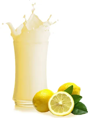 A glass of lemonade with a splash, next to lemons and leaves.