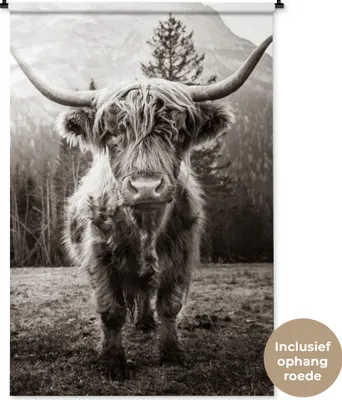 Produktbild von MuchoWow® Wandteppich Wandbehang Schottisches Hochlandrind - Tiere - Schwarz - Weiß 120x180 cm Tapisserie Dekoration Wandtuch - Schlafzimmer - Dekorationen für das Haus