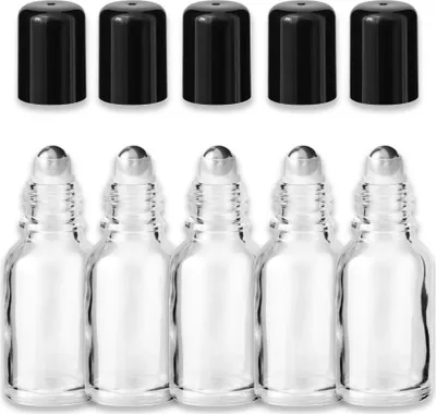 Produktbild von 5x Klare Glasflasche Roll-On 15 ml mit schwarzem Schraubverschluss Set