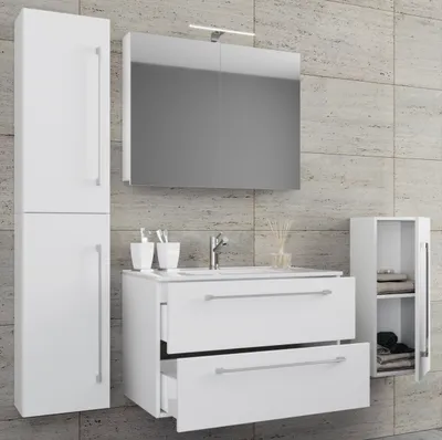 Produktbild von VCM 5-tlg. Set | 1 Waschtisch mit zwei Schubladen, 1 Spiegelschrank, 1 Waschbecken, 1 Midischrank, 1 Hochschrank | Keramik Waschbecken | hängend Unterschrank 60 cm | Badmöbel Set Waschplatz – Badinos