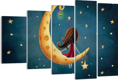 Produktbild von Bild auf Leinwand - Leinwandbild - 5 Teile - Kinder Mädchen Mond - 150x100cm - Wand Bild - Wanddeko - Wandbilder - Leinwanddruck - Bilder - Wanddekoration - Leinwand bilder - Wandbild - EG150x100-4683