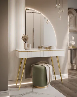 A modern vanity table with a round mirror and a stool in a well-lit room.