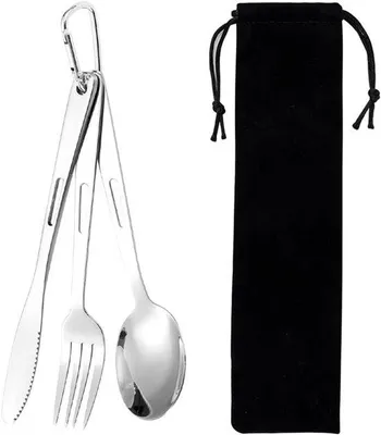 Immagine prodotto di Set di posate in acciaio con coltello, forchetta e cucchiaio - Set da viaggio per campeggio e picnic