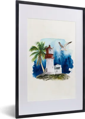 Produktbild von MuchoWow® MuchoWow® Gerahmtes Poster Aquarell - Leuchtturm - Palme 40x60 cm - Poster mit zchwarzem Bilderrahmen - Poster in Rahmen