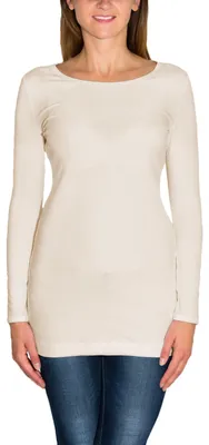 Produktbild von Alkato Damen Langarm Longshirt  Langarmshirt Tunika Basic Shirt, Farbe: Elfenbein, Größe: M